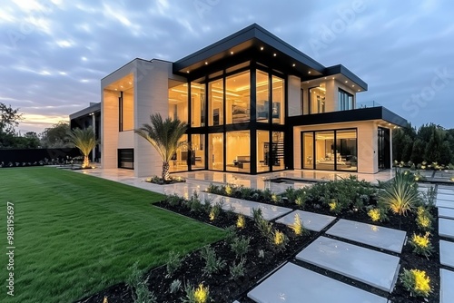 A modern luxury home at sunset, with large windows, manicured lawns, and outdoor lighting highlighting the architecture