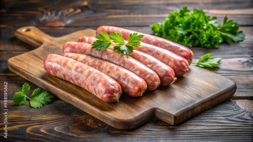 Raw sausages on cutting board with parsley , raw, sausages, cutting board, parsley, food, preparation, meat, uncooked Raw sausages on cutting board with parsley , raw, sausages, cutting board, parsley, food, preparation, meat, uncooked