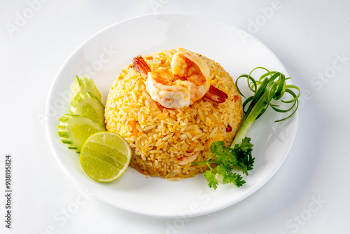 Shrimp fried ricei put in a white plate on a white background photo