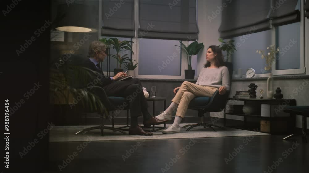 Mature psychotherapist talks with female patient, provides therapy in psychological office. Depressed woman sits in chair, discusses problems with psychologist during counseling session. Psychology. Mature psychotherapist talks with female patient, provides therapy in psychological office. Depressed woman sits in chair, discusses problems with psychologist during counseling session. Psychology.