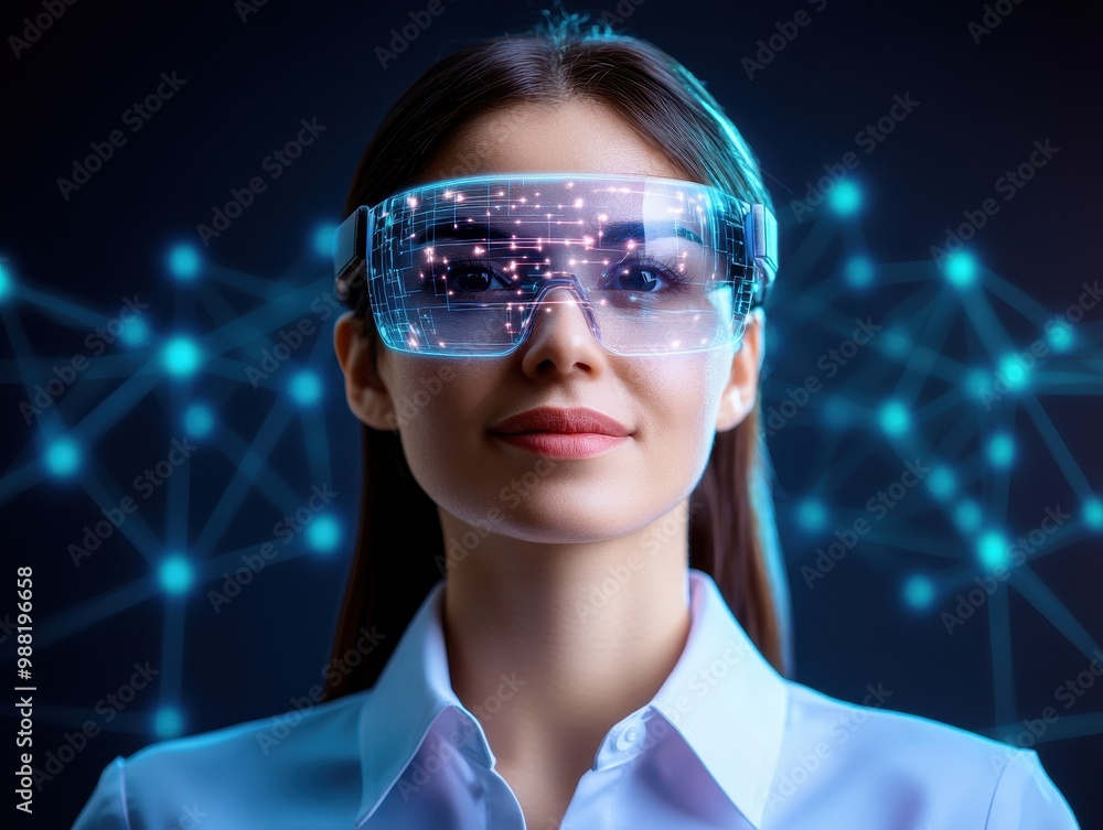 Woman wearing futuristic smart glasses. Woman wearing futuristic smart glasses.