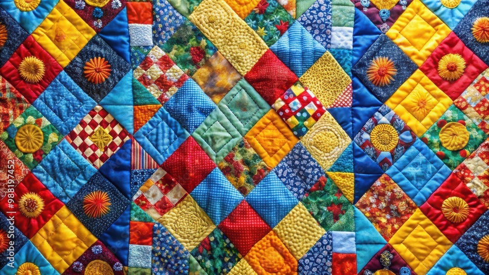 Vibrant handmade quilt featuring red, blue, and yellow patches showcasing talented craftsmanship, quilt, handmade, vibrant Vibrant handmade quilt featuring red, blue, and yellow patches showcasing talented craftsmanship, quilt, handmade, vibrant