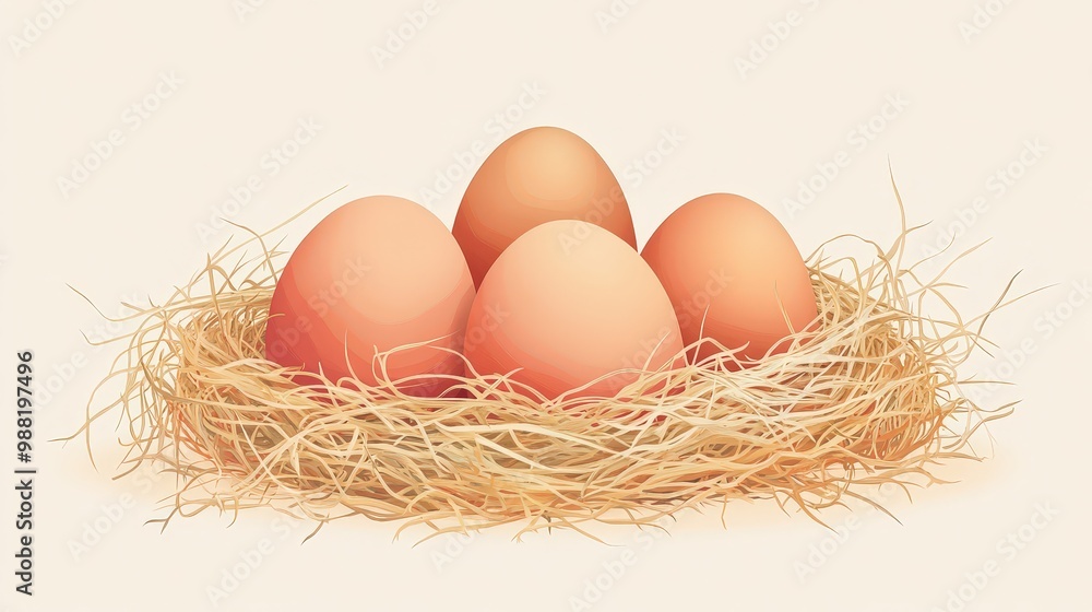 Minimalistic 2D Vector Illustration of Eggs in Straw - Soft Pastel Tones Minimalistic 2D Vector Illustration of Eggs in Straw - Soft Pastel Tones