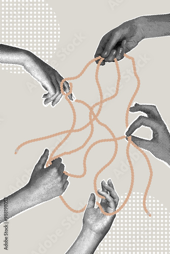 Modern halftone collage. Human hands connected by rope, retro collage from the 80s. Concept of teamwork,success,support,cooperation.