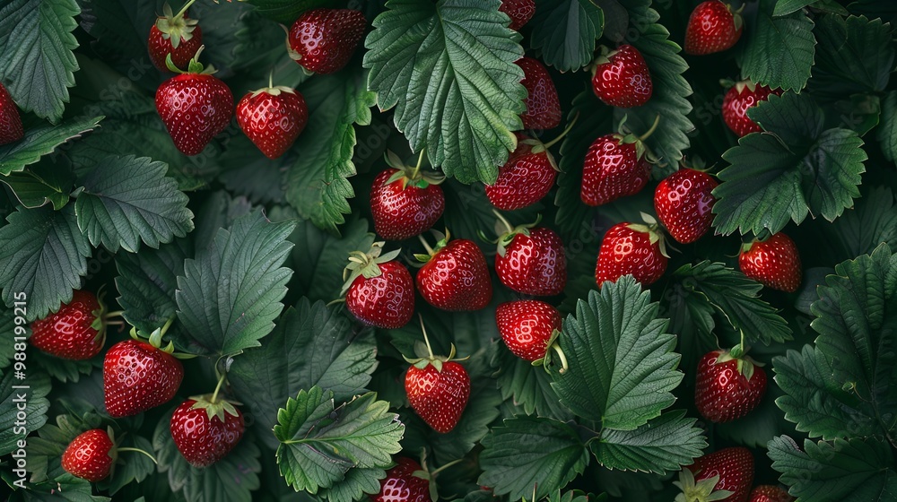 Directly above view of fresh red strawberries. All strawberries are clean with green leaves background Directly above view of fresh red strawberries. All strawberries are clean with green leaves background