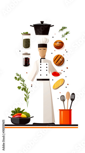 A vibrant chef illustration featuring ingredients, cookware, and cooking tools, perfect for culinary themes and gourmet projects. photo