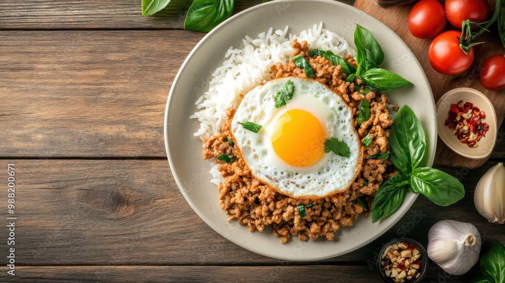 topview fried egg on stir-fried minced pork with basil on rice in plate and ingredient thai food concept on wooden background topview fried egg on stir-fried minced pork with basil on rice in plate and ingredient thai food concept on wooden background