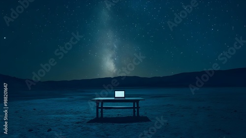 Laptop on table under starry night sky