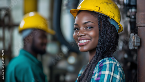 A smiling woman in a yellow hard hat and plaid shirt. Other people are in the background