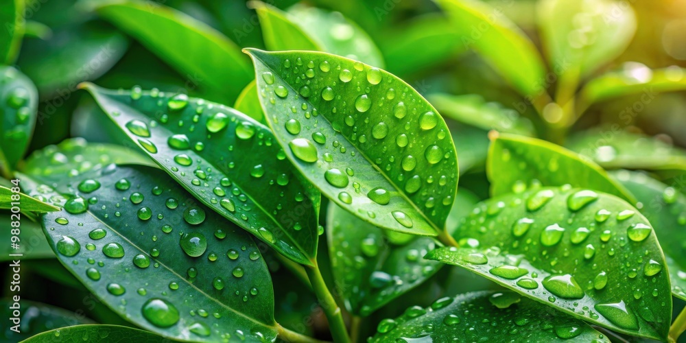 Fresh green leaves with raindrops, showcasing vibrant foliage after a tropical rain shower, nature, green, leaves, raindrops Fresh green leaves with raindrops, showcasing vibrant foliage after a tropical rain shower, nature, green, leaves, raindrops