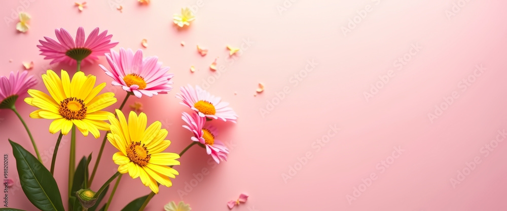 Fototapeta premium Yellow and Pink Flowers on Pink Background