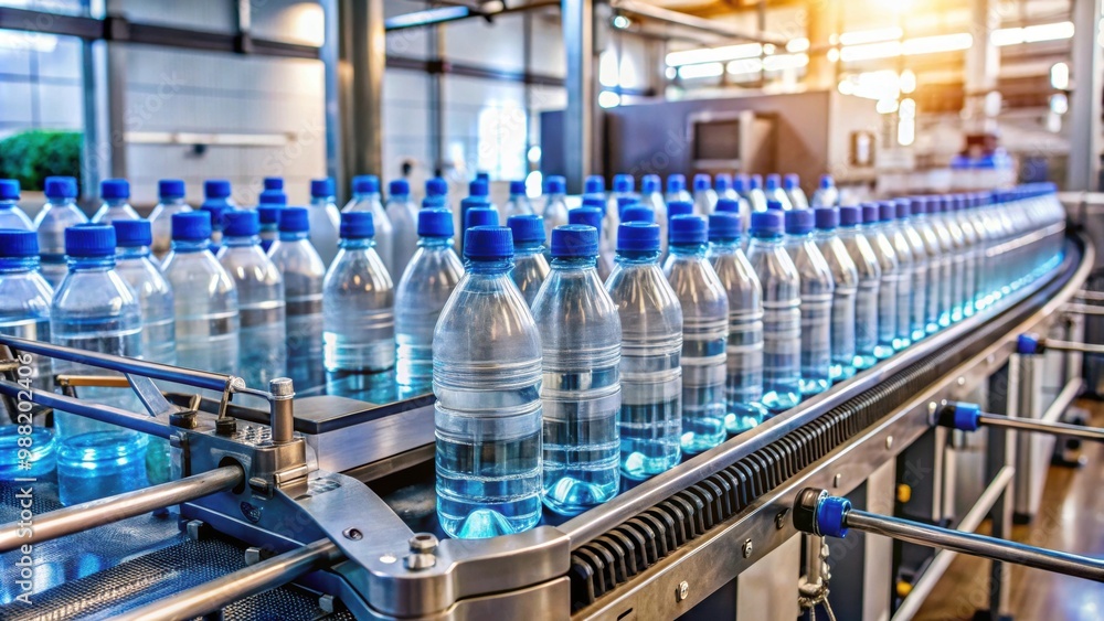 Fototapeta premium Plastic water bottles being filled on conveyor by bottling machine, bottling, machine, production, conveyor
