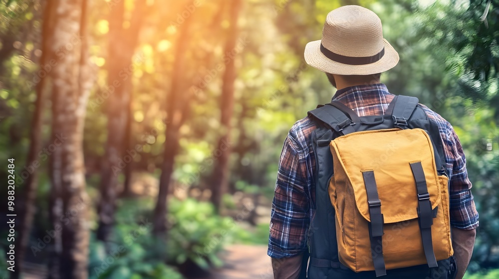 Obraz premium Man with backpack walking in forest