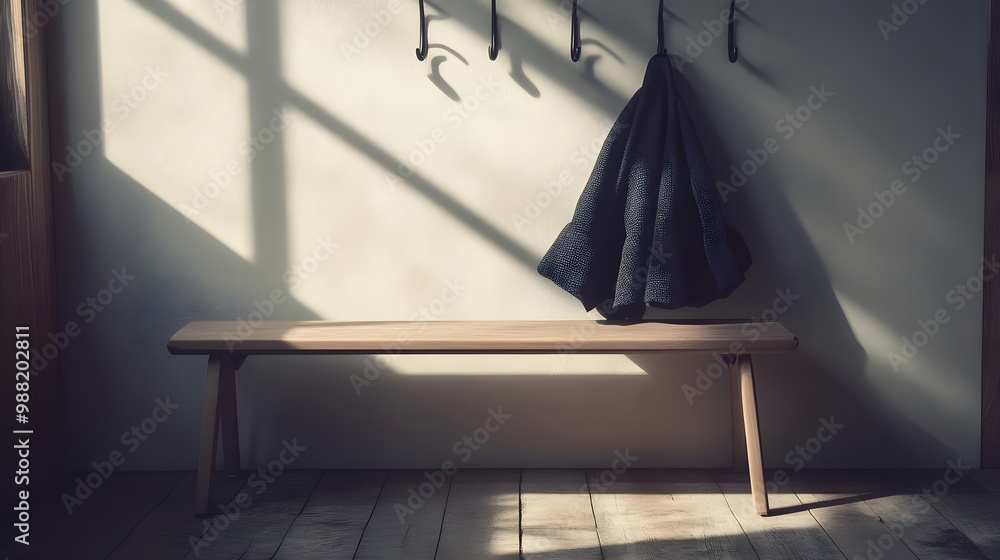 Obraz premium Minimalist interior with coat on wooden bench