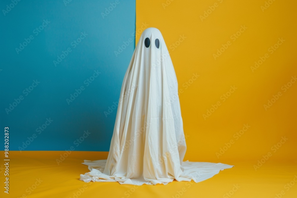3D illustration mockup and rendering, a charming ghost wearing a white sheet emanates delightful scene against a captivating isolated yellow turquoise background. 3D illustration mockup and rendering, a charming ghost wearing a white sheet emanates delightful scene against a captivating isolated yellow turquoise background.