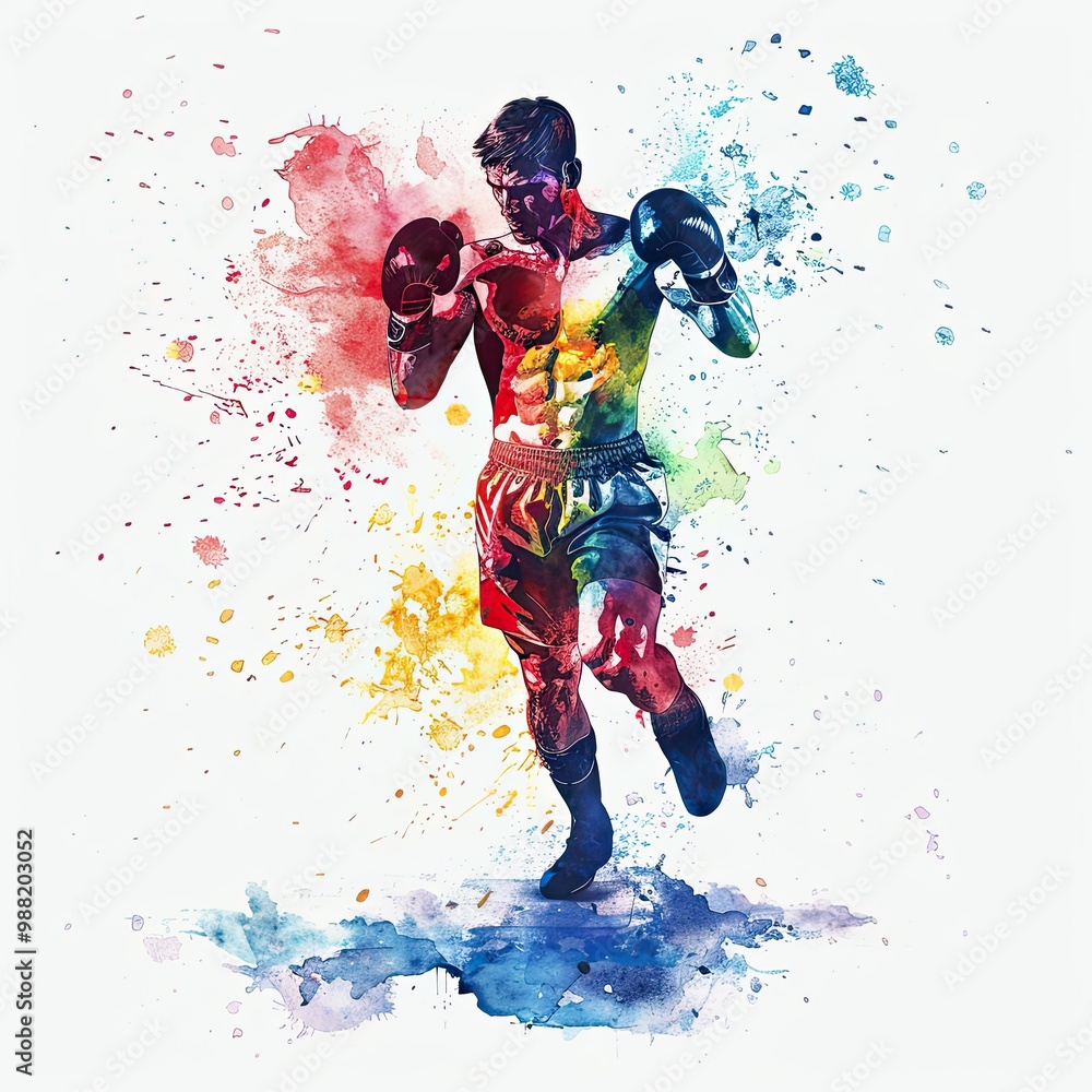 A boxer in a fighting pose is illustrated in a dynamic watercolor style, with energetic splashes of color on a white background, conveying power and excitement. A boxer in a fighting pose is illustrated in a dynamic watercolor style, with energetic splashes of color on a white background, conveying power and excitement.