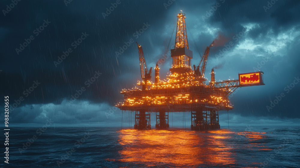 Obraz premium dramatic oil rig illuminated against stormy sky, showcasing its intricate structure amidst turbulent waters. scene evokes sense of power and resilience in nature