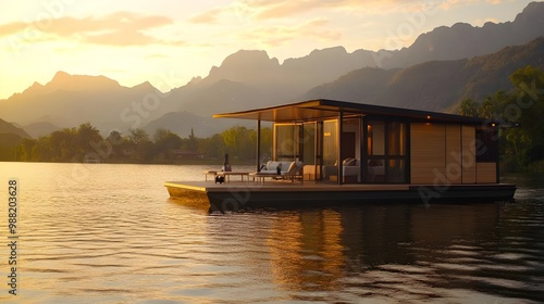 Modern houseboat on serene lake at sunset photo