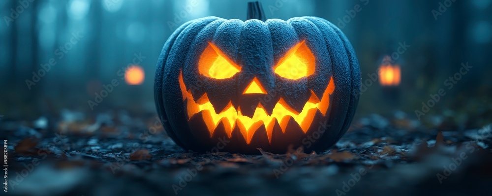 Halloween Pumpkin Carving with Glowing Lantern and Spooky Forest. Halloween Pumpkin Carving with Glowing Lantern and Spooky Forest.