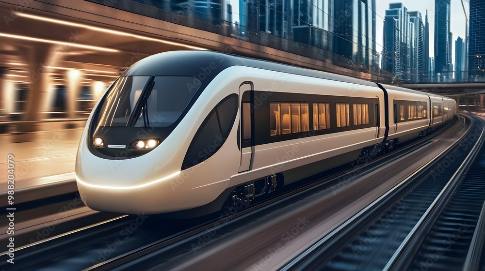 Naklejka premium Modern train on urban railway track