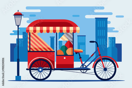 Vector illustration of an Indian rickshaw, simple and minimalistic design, white background, no shadows. The bicycle has a blue cloth on top with colorful patterns. The cart is attached to it from beh