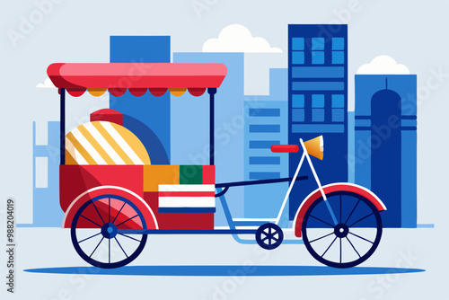 Vector illustration of an Indian rickshaw, simple and minimalistic design, white background, no shadows. The bicycle has a blue cloth on top with colorful patterns. The cart is attached to it from beh