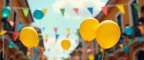 Wallpaper Mural Yellow Balloons and Colorful Flags in Blurred Background Torontodigital.ca