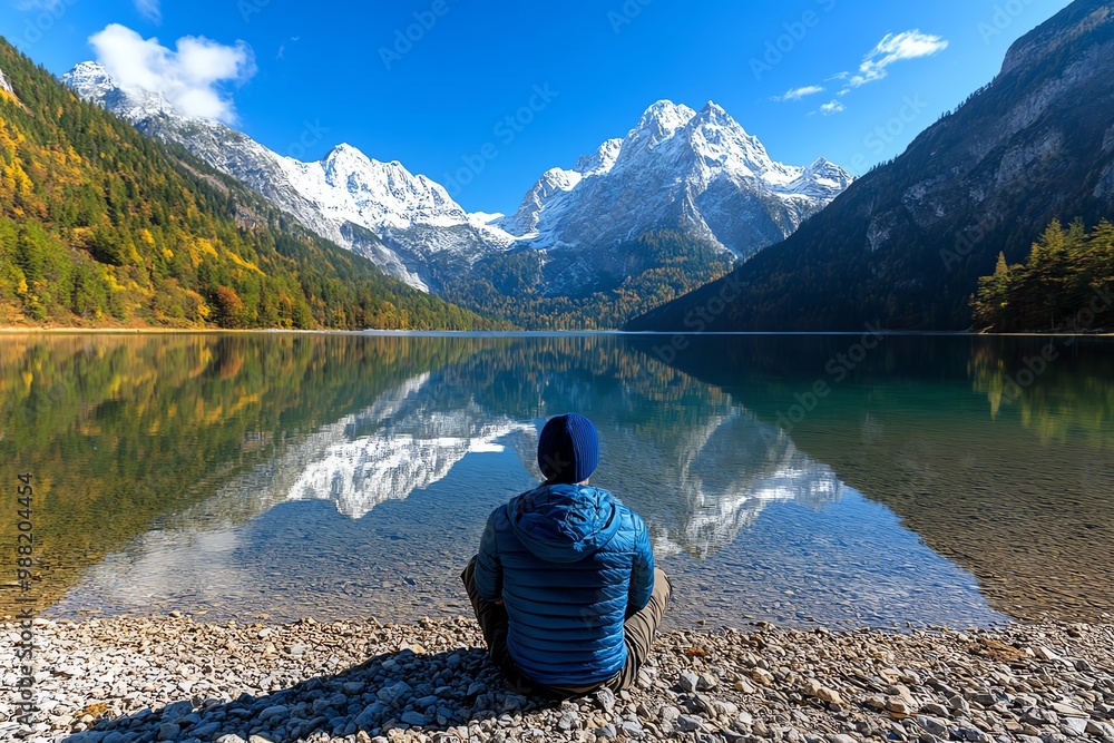 Obraz premium A traveler sitting by a mountain lake, reflecting the surrounding peaks and the beauty of nature