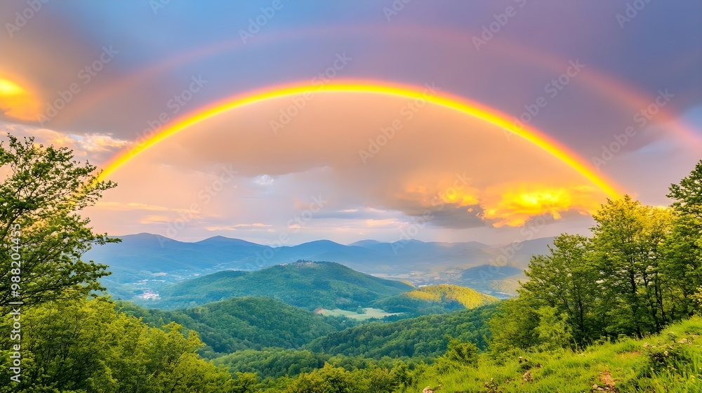 Naklejka premium Mountain view with vibrant rainbow arch.