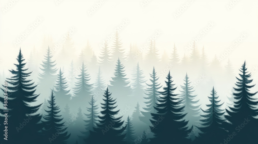 Obraz premium Foggy Spruce Forest - Modern Vector Illustration with Clean Design Emphasizing Fog and Trees