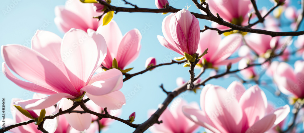 Pink Magnolia Flowers in Bloom Against Blue Sky Pink Magnolia Flowers in Bloom Against Blue Sky
