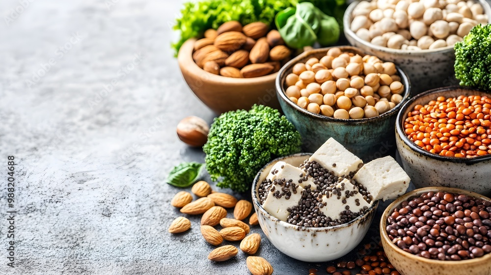 Nuts, seeds, and vegetables in rustic bowls Nuts, seeds, and vegetables in rustic bowls