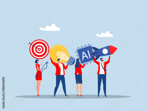 launch new innovation product Entrepreneurship, think and develop new idea, organize startup or start new company, business people holding winner flag, rocket ship, lightbulb idea and target plan
