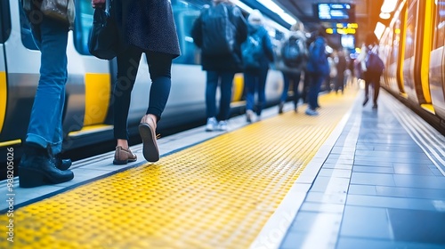 People boarding a train at a busy station photo