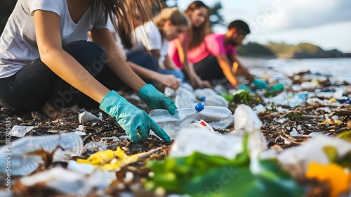 People cleaning plastic waste from the beach photo