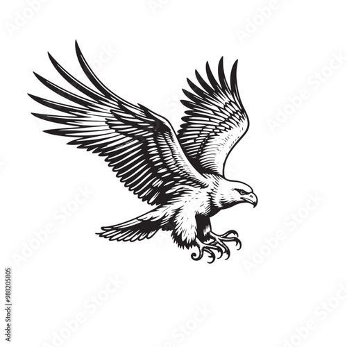 a black and white drawing of an eagle flying