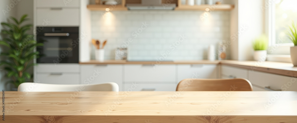 Wooden Tabletop in Blurred Modern Kitchen Wooden Tabletop in Blurred Modern Kitchen