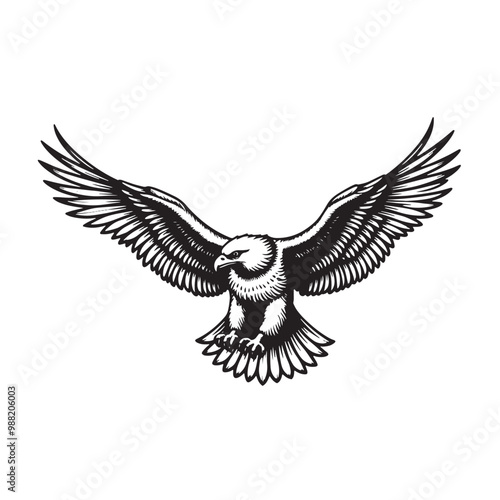 a black and white drawing of an eagle flying photo