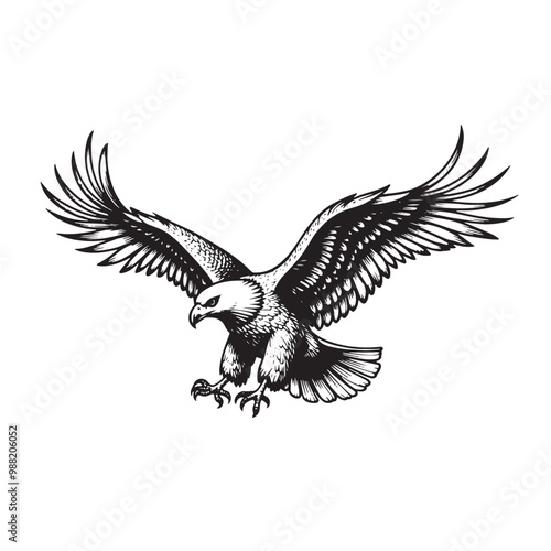 a black and white drawing of an eagle flying