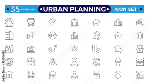 Urban planning Outline icons. City development, smart city infrastructure.plan, urban,dearchitecture, city, construction, building.  Editable stroke outline icon.
