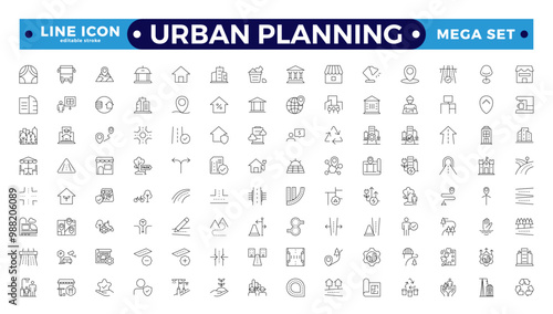 Urban planning Outline icons. City development, smart city infrastructure.plan, urban,dearchitecture, city, construction, building.  Editable stroke outline icon.
