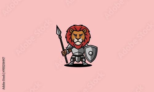 Cute lion warrior with spear and shield vector art