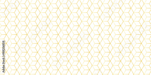 Emboss seamless pattern with square gold cube line hexagon tile and cube grid mosaic honeycomb diamond triangle structure shape isometric block wallpaper.