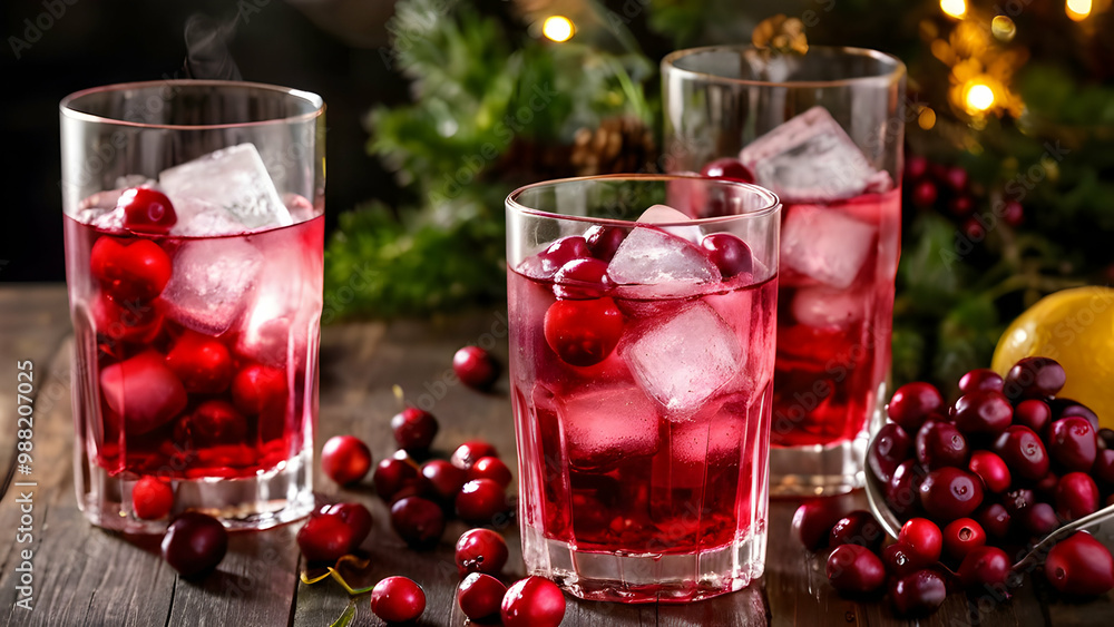 Festive table setting featuring a chilled glass of cranberry soda with fresh cranberries and ice. Festive table setting featuring a chilled glass of cranberry soda with fresh cranberries and ice.