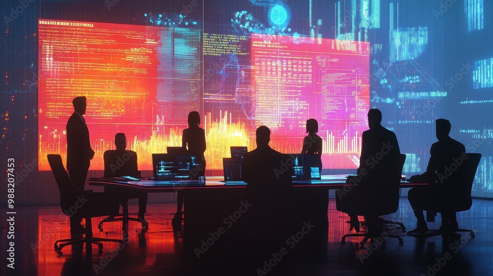 Futuristic Business Meeting in Neon Metropolis Futuristic Business Meeting in Neon Metropolis