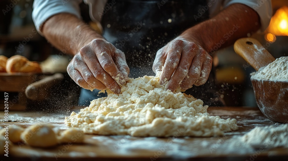 Hands kneading dough on a wooden surface, preparing for baking. Hands kneading dough on a wooden surface, preparing for baking.