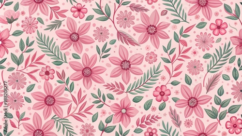 Pink flower seamless pattern with simple floral and leaf motifs repeated in a texture, pink, flower, seamless, pattern, floral