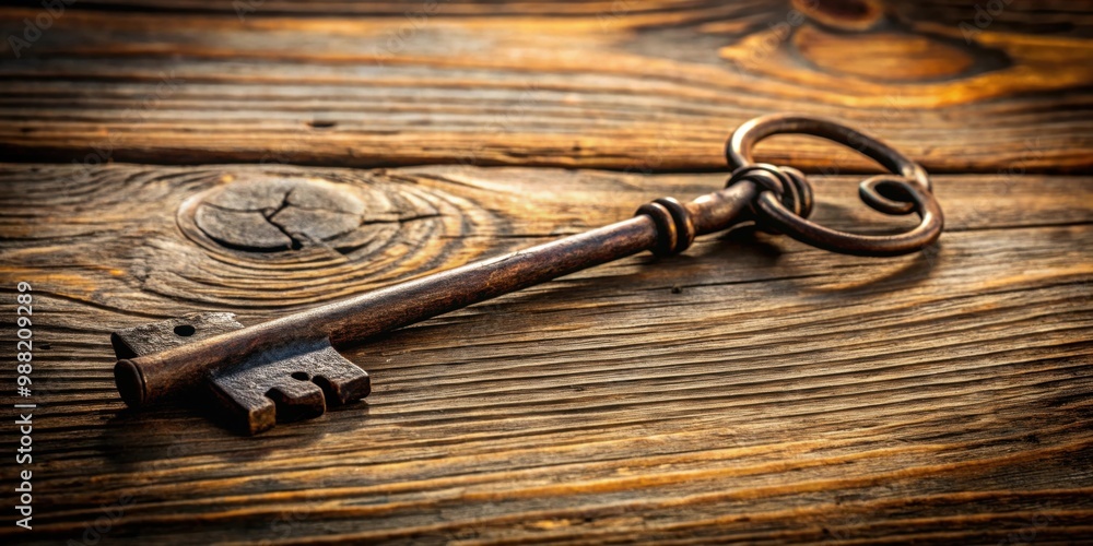 An ancient key lying on a weathered rustic wooden table, antique, aged, vintage, old, metal, object, hardware, relic, treasure An ancient key lying on a weathered rustic wooden table, antique, aged, vintage, old, metal, object, hardware, relic, treasure