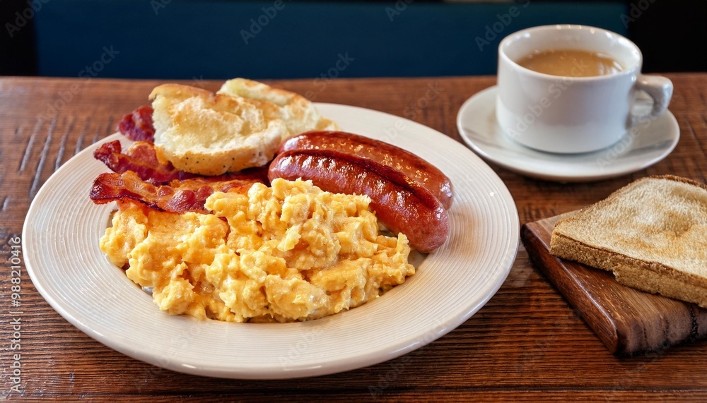 western-style breakfast plate in a photo studio, with bright yellow scrambled eggs western-style breakfast plate in a photo studio, with bright yellow scrambled eggs