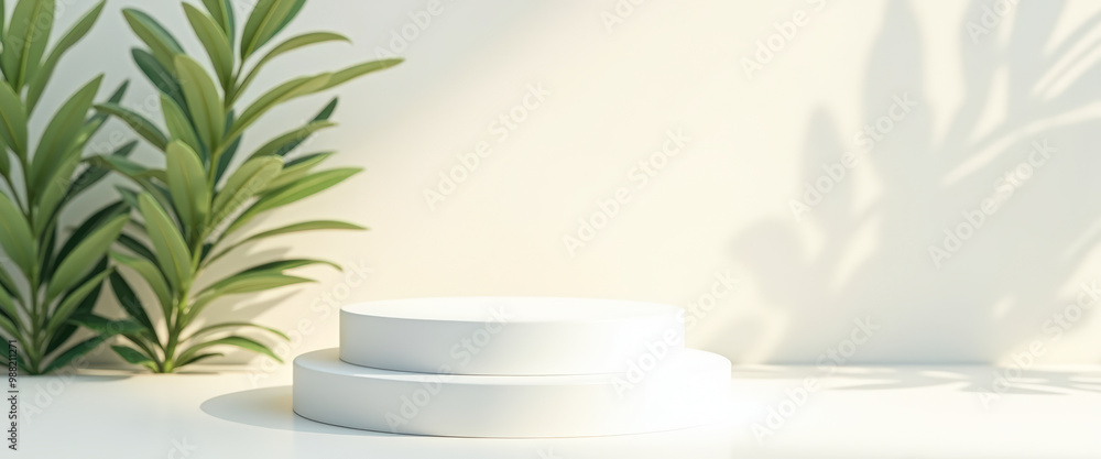 Minimalist Product Display with White Pedestal and Green Foliage Minimalist Product Display with White Pedestal and Green Foliage